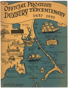 Printed program for Duxbury Tercentenary 1937 map of Duxbury with cartoon features