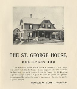 Ad with house with porch, St. George House, Duxbury.